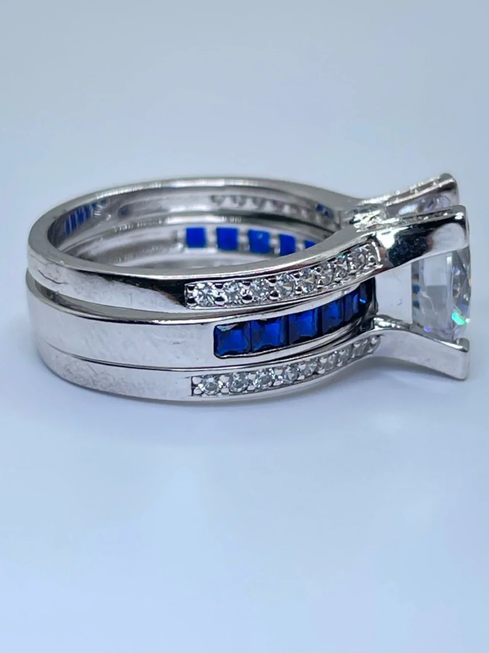 925 Sterling Silver Diamond Sapphire Bridal Wedding Ring Guard Set 5